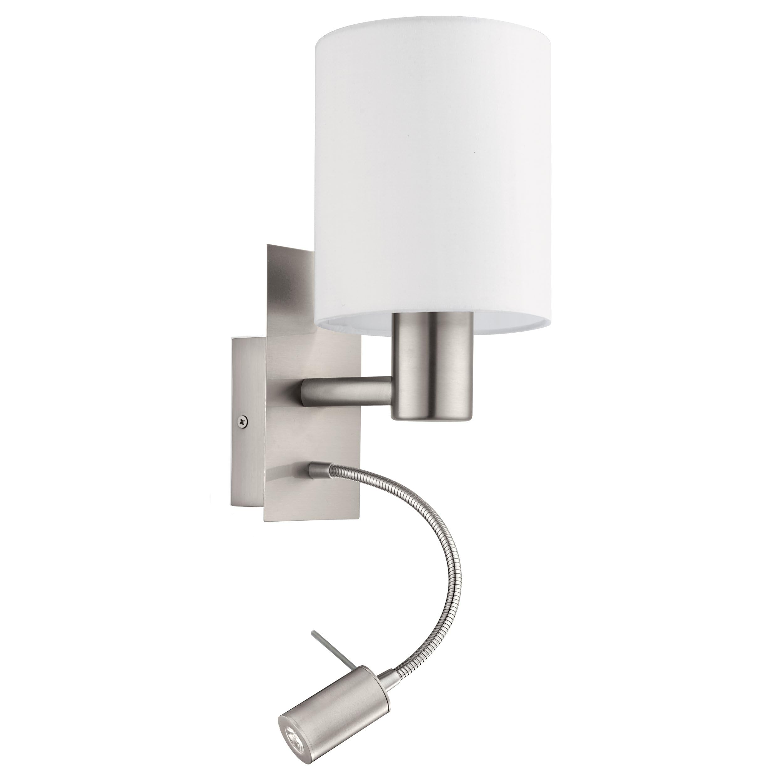 Eglo Lampada da parete a Led Pasteri a due punti luce, acciaio, tessuto, nichel opaco, bianco, E27, incl interruttore e luce di lettura flessibile