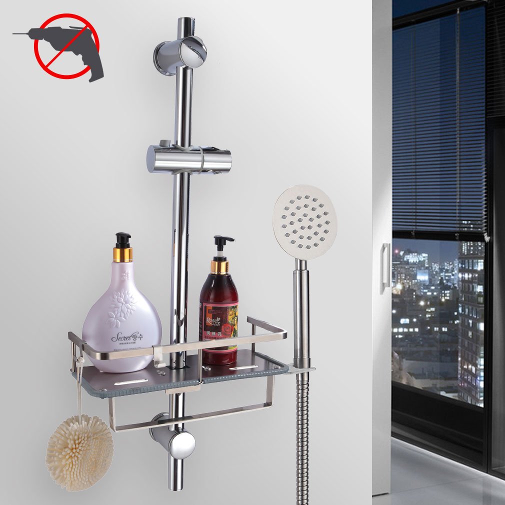 PHASAT Porte Savon Barre de Douche,Etagère de Salle de Bain en Acier Inoxydable sans Perçage Convient pour Barre de Douche de Diamètre de 19-25 mm