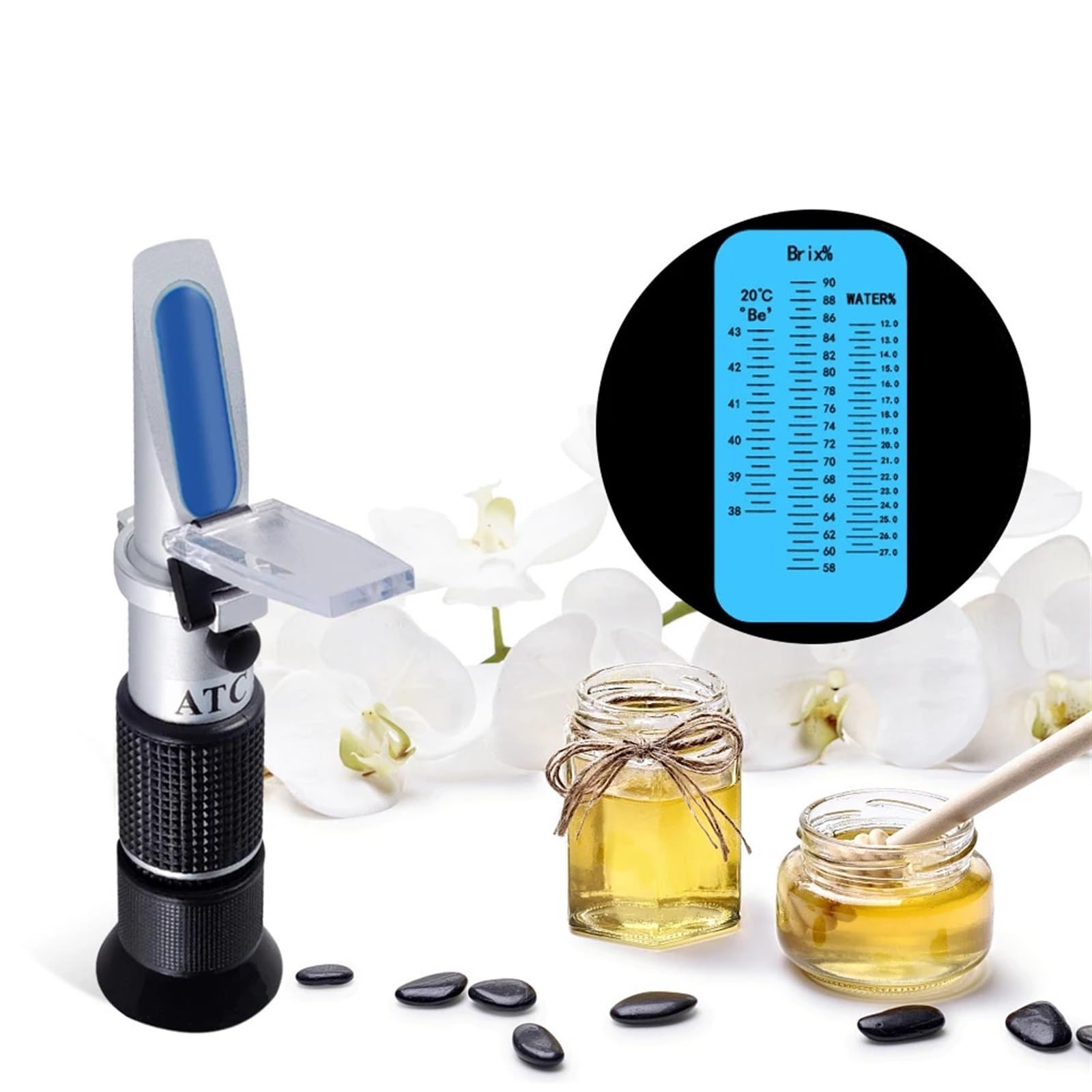 Kogedss One Color Refractometer, 3 In 1 Honey Refractometer 58~90% Hand Held Atc For Honey Moisture And Baume Tester For Honey Moisture And Baume