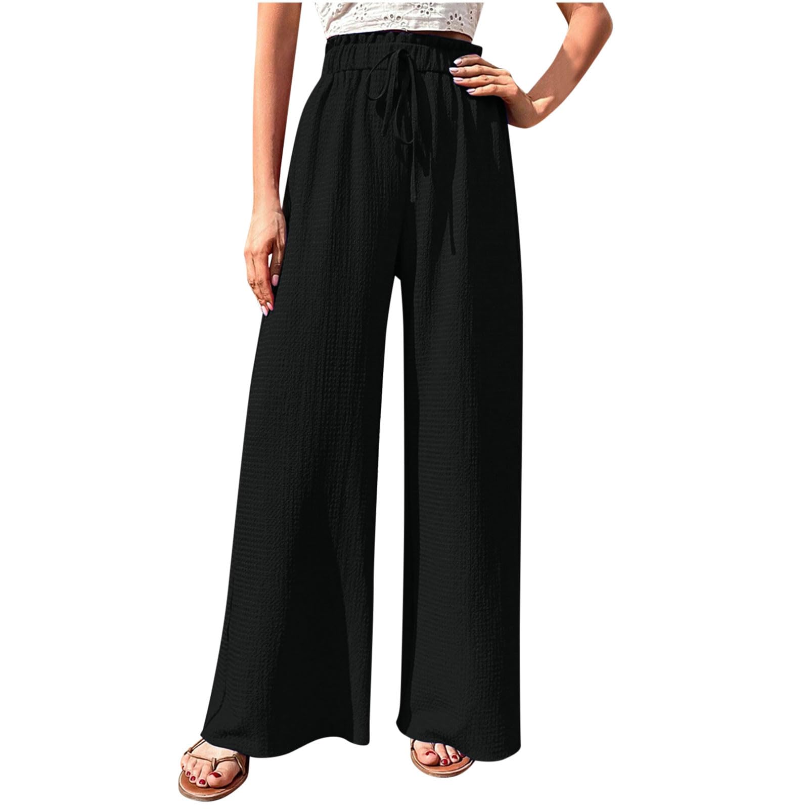 Straight Wide Leg Pants for Women Business Casual Elastic High Waisted Dress Pant Loose Long Palazzo Flowy Work