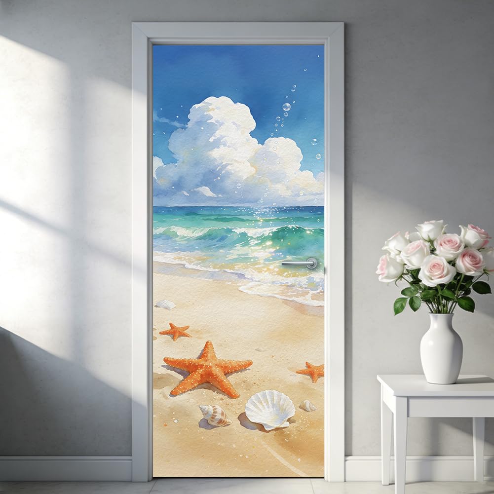 Strand Tür Aufkleber Muscheln Vinyl Dekor Tür Wand Sticker 2 Stück Niedlich Wasserdicht Selbstklebend Wand Abdeckung Poster Für Schlafzimmer Wohnzimmer Schrank Dekoration 200x40cm