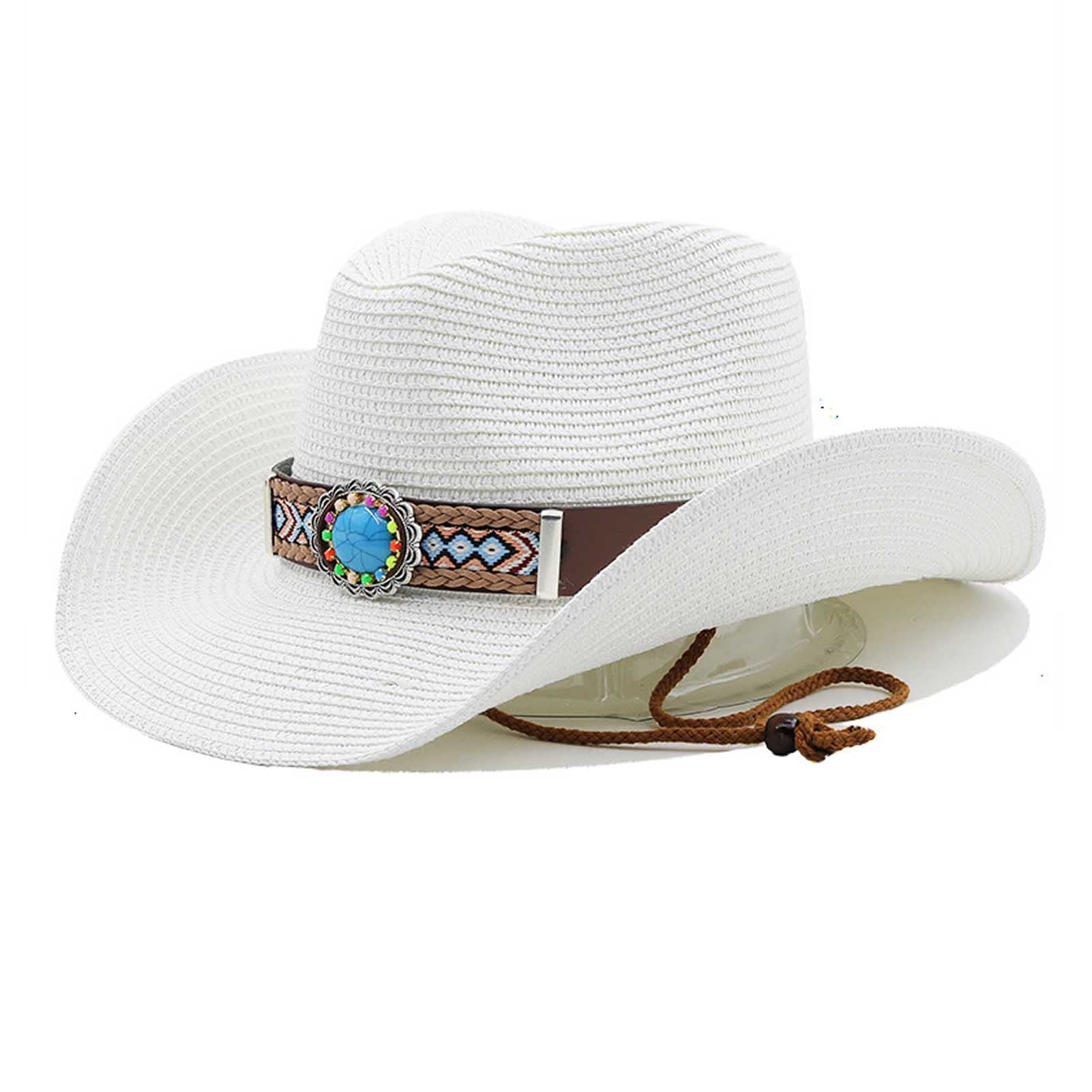 Chapeau Cowboy de Paille Homme Femme Western Cowgirl Hat Chapeau de Plage Chapeau de Soleil d'été Anti-UV Large Bord Chapeau Occidental avec Bandeau