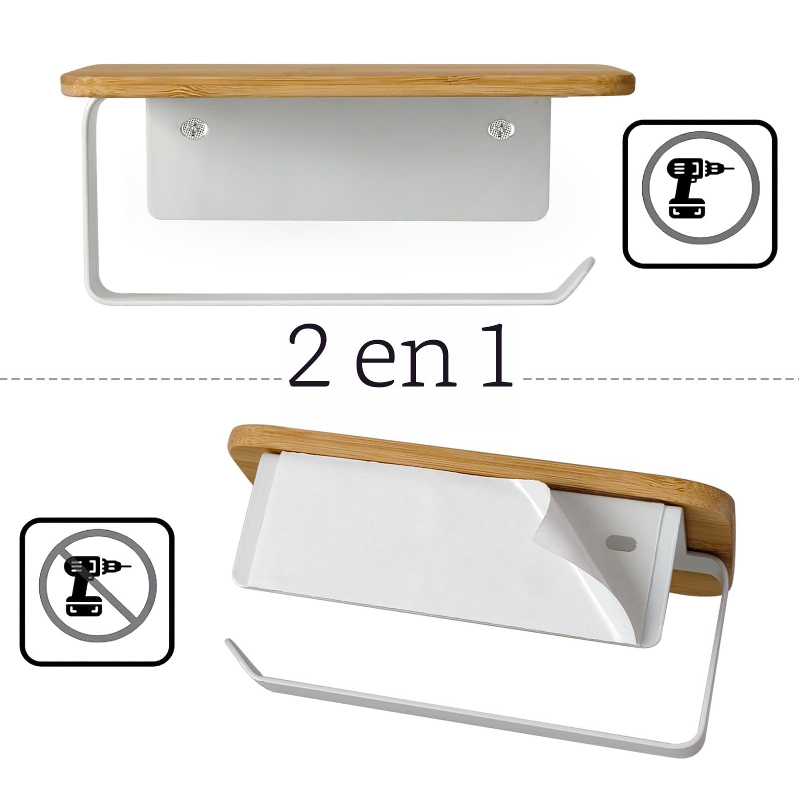 Porte Rouleau Papier Toilette Adhesif sans Percage Derouleur WC Murale avec Étagère en Bambou 2 en 1 Support Papier Toilette Mural avec Perçage Blanc