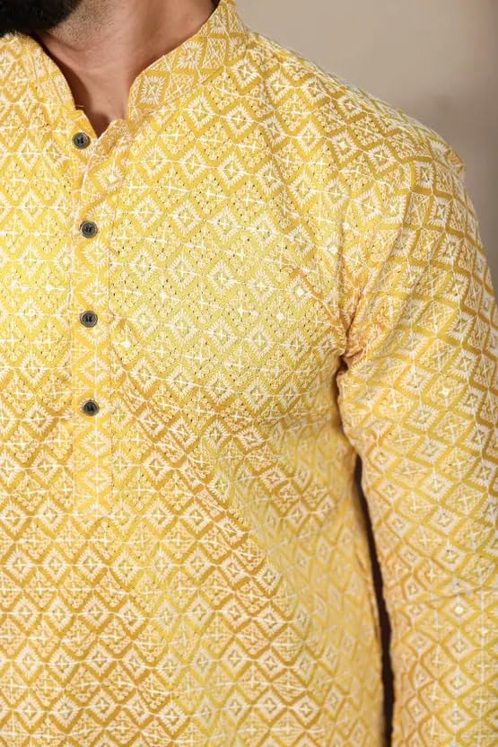 Image of LookMark Men's Printed Silk Blend Kurta with Mandarin Collar, Full Sleeves, Straight Fit Traditional Ethnic Wear