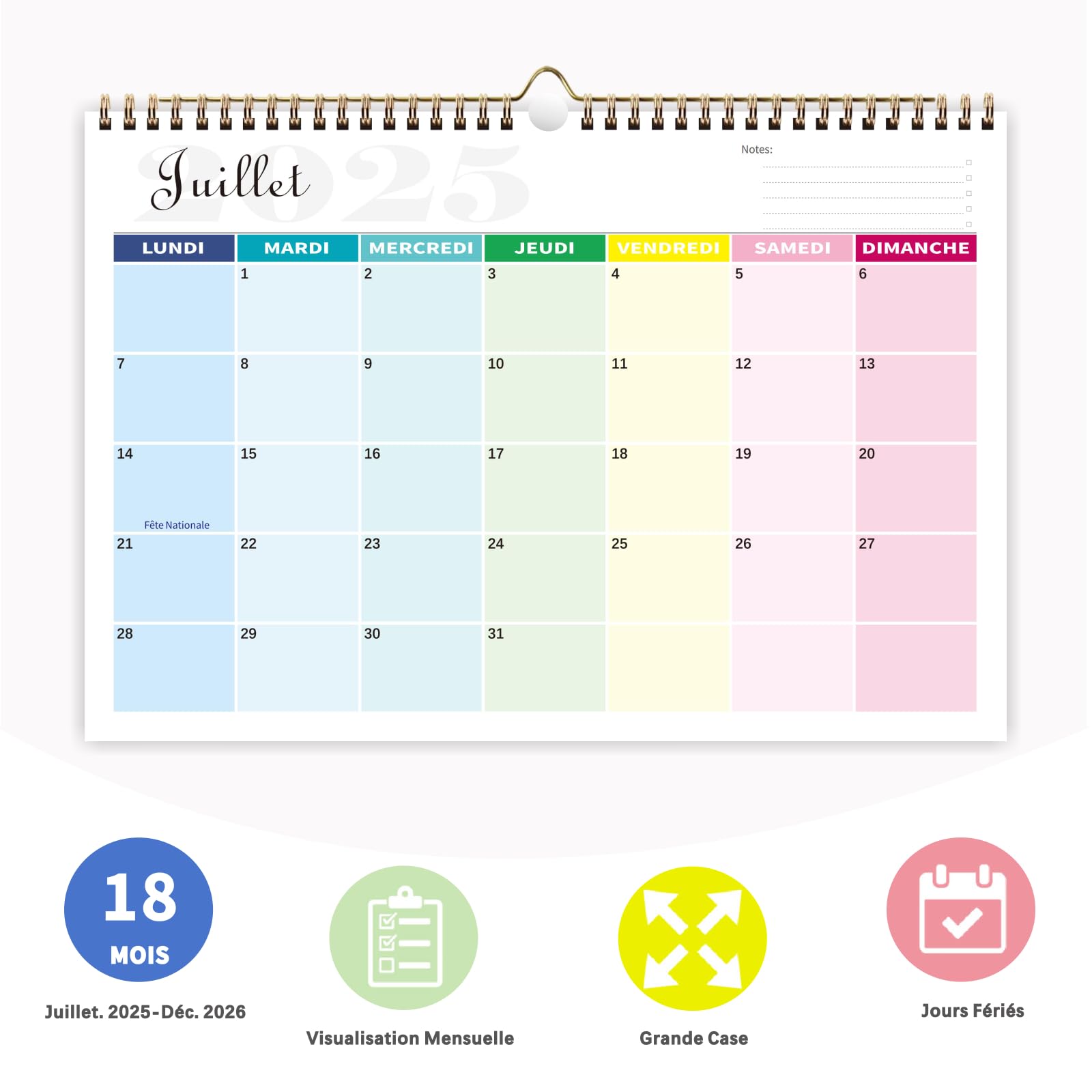 Calendrier 2026 Mural Coloré 18 Mois 31 x 21cm Familial Juillet 2025 à Décembre 2026 Mensuel