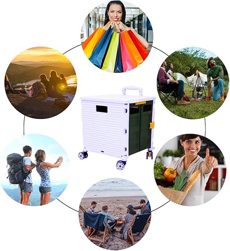 Miniatura 6 de Carrito plegable portátil plegable con mango telescópico de plástico resistente, plegable, 4 ruedas giratorias para viajes, compras, mudanza,