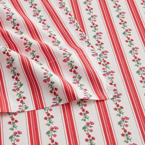 Image of Martha Stewart - Full Size Sheets Set, Crisp & Tailored Cooling Sheets w /a Naturally Smooth Cotton Percale Lightweight Feel - Bed Sheets with Matching Pillowcases & Fitted Sheet (Rose Ribbon Red)