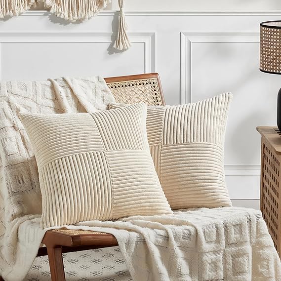 Image of Guffaw Corduroy Pillow Covers Boho Decorative Spliced Throw Pillow Covers Soft Solid Couch Pillowcases Cross Patchwork Cushion Covers for Living Room Bed Sofa 16x16 inch (1, Cream)