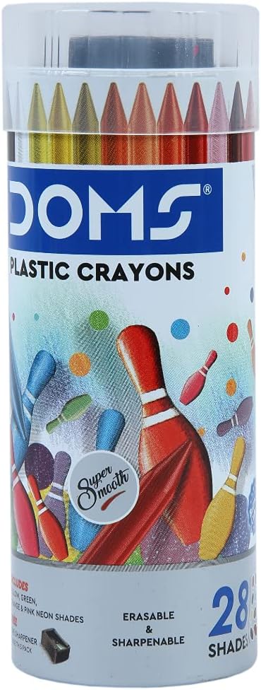 Doms 28 Shades Erasable Plastic Crayons Round Tin Box | Smooth & Even Shading | Bright & Playful Colors | Free Sharpner Inside | Non-Toxic & Safe For Childrens | Pack of 2
