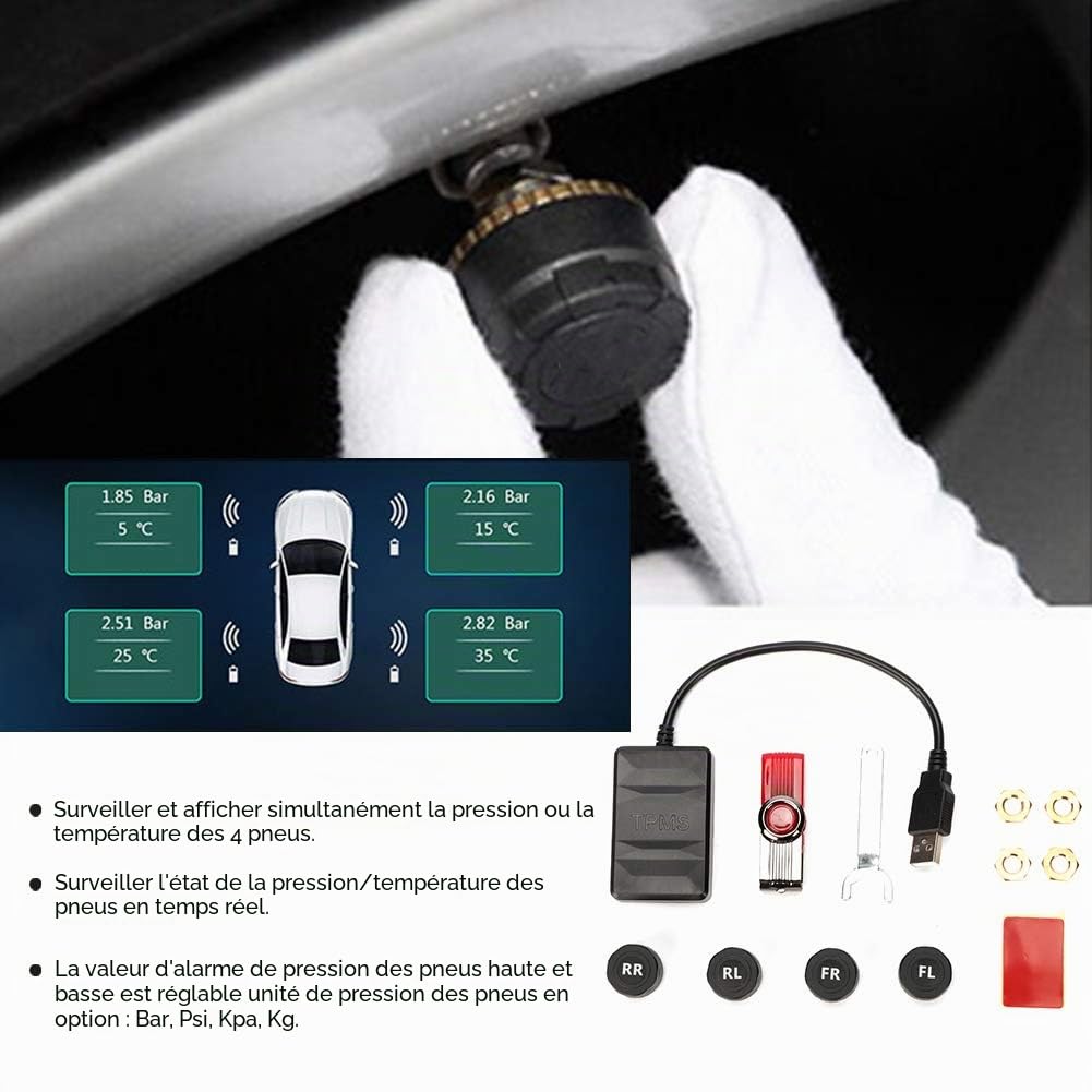 Qiilu Tpms Voiture, Récepteur TPMS, système de surveillance de la pression des pneus USB de voiture alarme de surveillance TPMS avec capteur externe pour la navigation Android