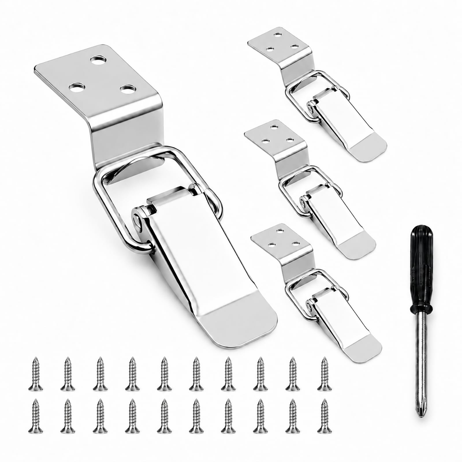FortWeal Catch, 4Pcs Large Iron 90 Degree Duck-Mouth Hook Buckle No Lock Connector Supplied with Screwdriver, Spring Loaded Toggle Hasp for Meter Box, Cabinet, Drawer, Toolbox, Trunk, Chest - Silver