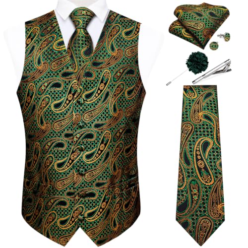 Image of DiBanGu Mens Vest and Tie Set Formal Paisley Waistcoat and Necktie Pocket Square Cufflinks Silk Suit Vest for Tuxedo Wedding