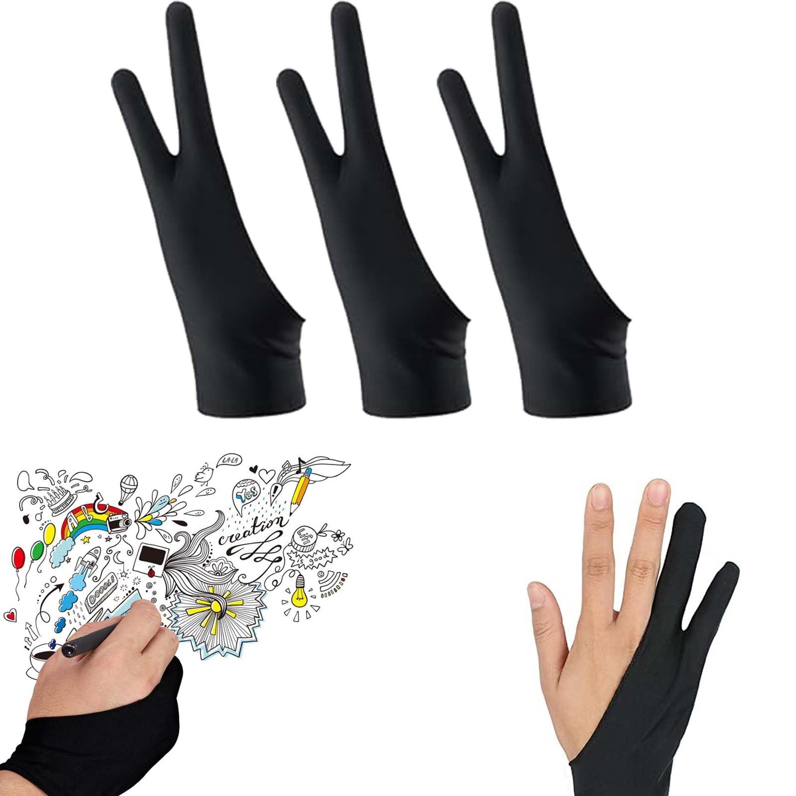 Chuppinz 3pcs Artist Glove, Drawing Gloves for Tablet, Palm Rejection Gloves for Graphic Tablet, Anti-Fouling Two-Finger Gloves, Black Gloves for Drawing and Writing