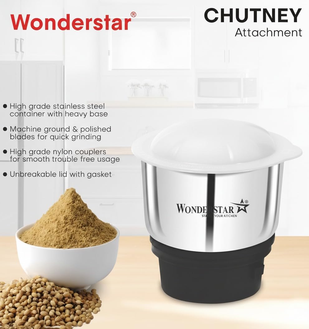Wonder Star Universal Stainless Steel Chutney Jar (400ml) with Sharp Blade for Mixer Grinder | Compatible with 4-Teeth Coupler & Dual Locking System | Rust-Proof Mixie Attachment — Amazon image 6