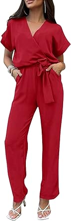 PRETTYGARDEN Women's Summer One Piece Jumpsuits Belted Short Sleeve Wrap V Neck Fashion Dressy Casual Wide Leg Pants Romper