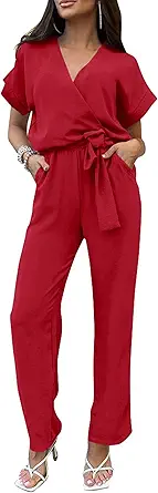 PRETTYGARDEN Women's Summer One Piece Jumpsuits Belted Short Sleeve Wrap V Neck Fashion Dressy Casual Wide Leg Pants Romper