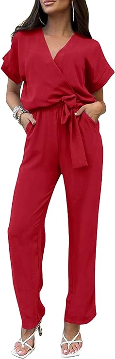PRETTYGARDEN Women's Summer One Piece Jumpsuits Belted Short Sleeve Wrap V Neck Fashion Dressy Casual Wide Leg Pants Romper