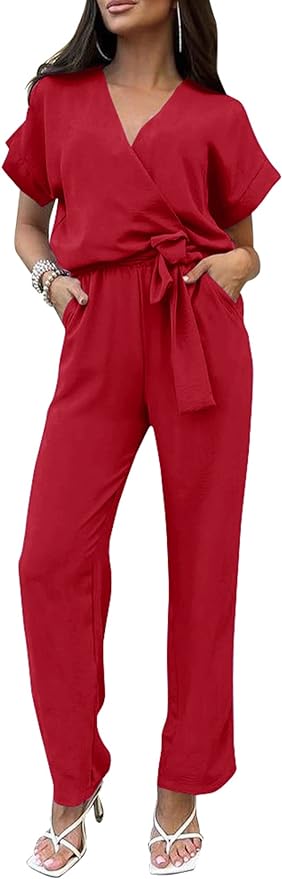 PRETTYGARDEN Women's Summer One Piece Jumpsuits Belted Short Sleeve Wrap V Neck Fashion Dressy Casual Wide Leg Pants Romper