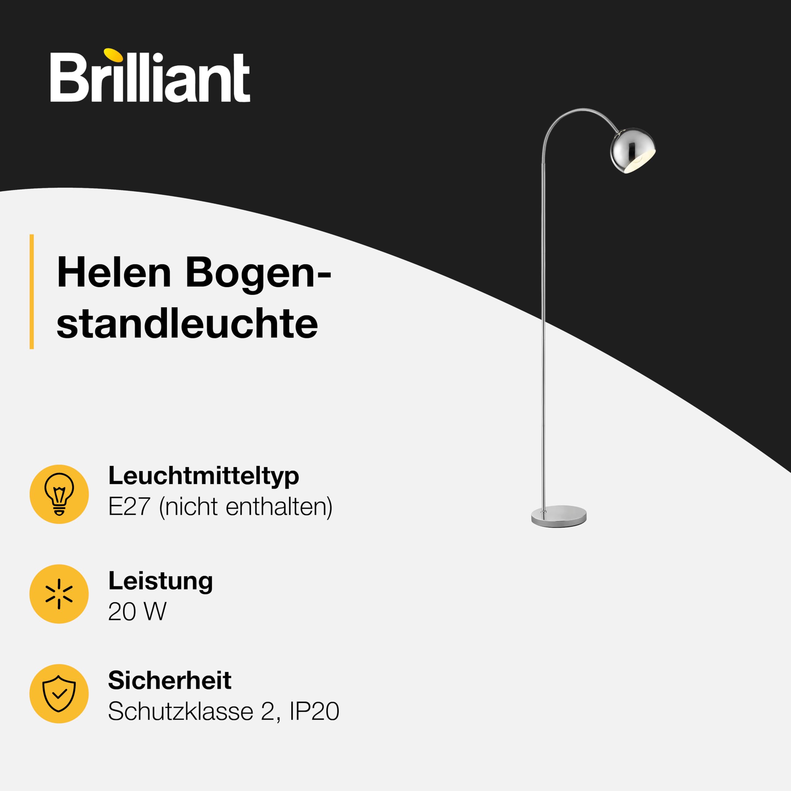 Brilliant Bogen-Stehleuchte Helen, E27 Fassung, 170 cm Höhe, 23 cm Breite, 51 cm Tiefe, gebogener Arm, Metall, chromfarben, ideal für Wohnzimmer, Leseecke, modernes elegantes Design