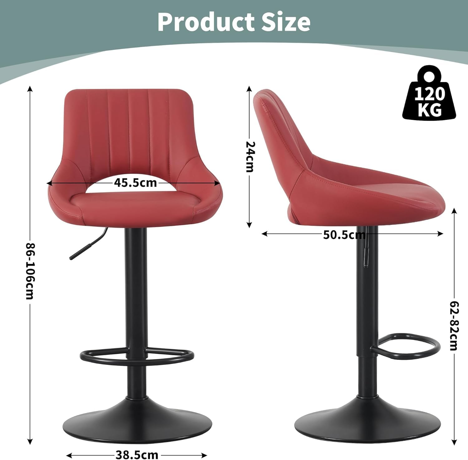 mcc direct Stacey Lot de 2 tabourets de bar pivotants réglables en hauteur avec dossier, siège en cuir, repose-pieds et base en métal pour la maison, la cuisine et le restaurant (rouge)