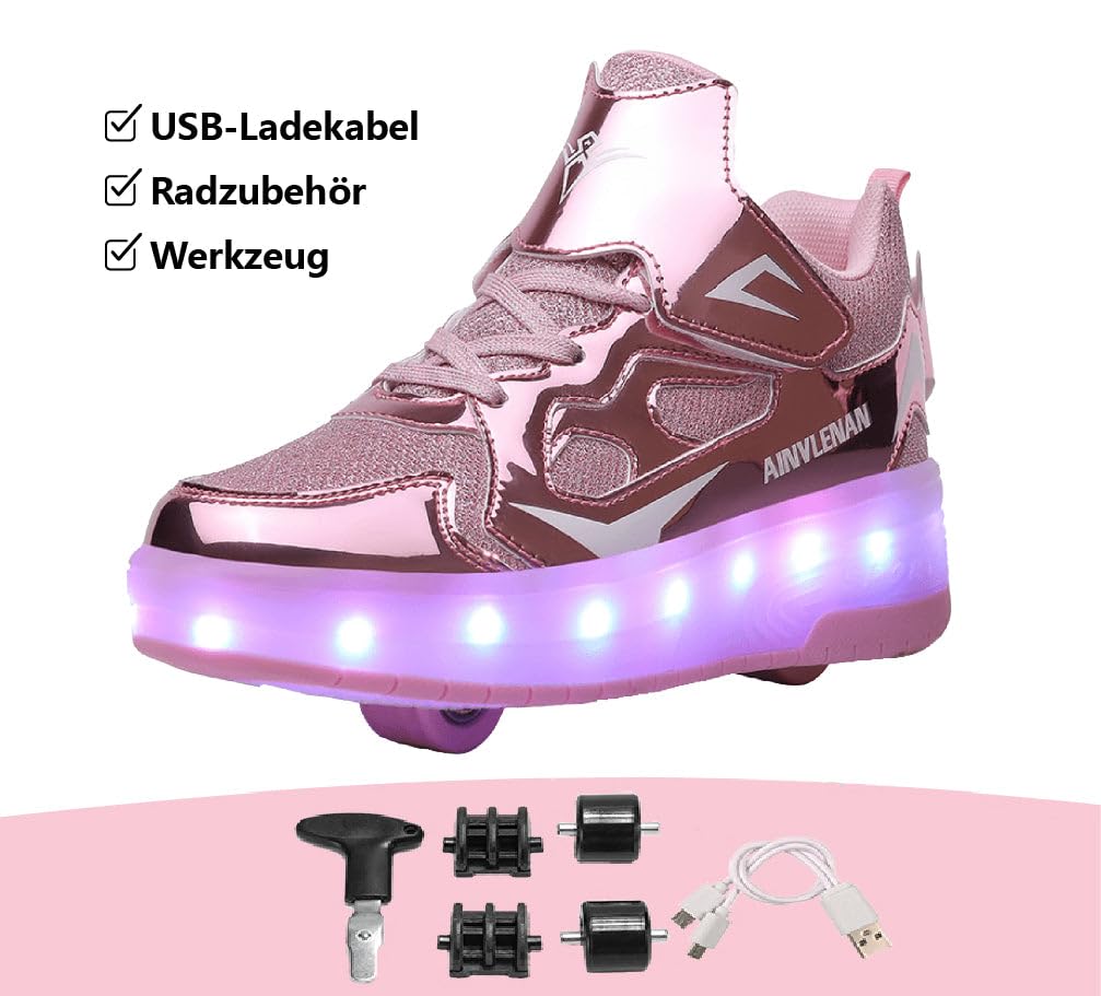 Sneaker per Bambini,Scarpe da Skateboard a Due Ruote,Luce a Cambio Colore Regolabile,Ricarica USB,universali per Ragazzi e Ragazze,Nero Rosa Oro Argento 27–40 EU