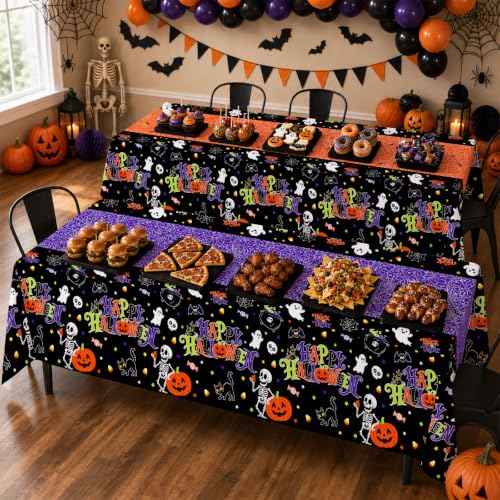 Image of 2 Pack Halloween Tablecloth, 54 x 108 Inch Disposable Plastic Table Cover, Halloween Party Supplies for Halloween Decor