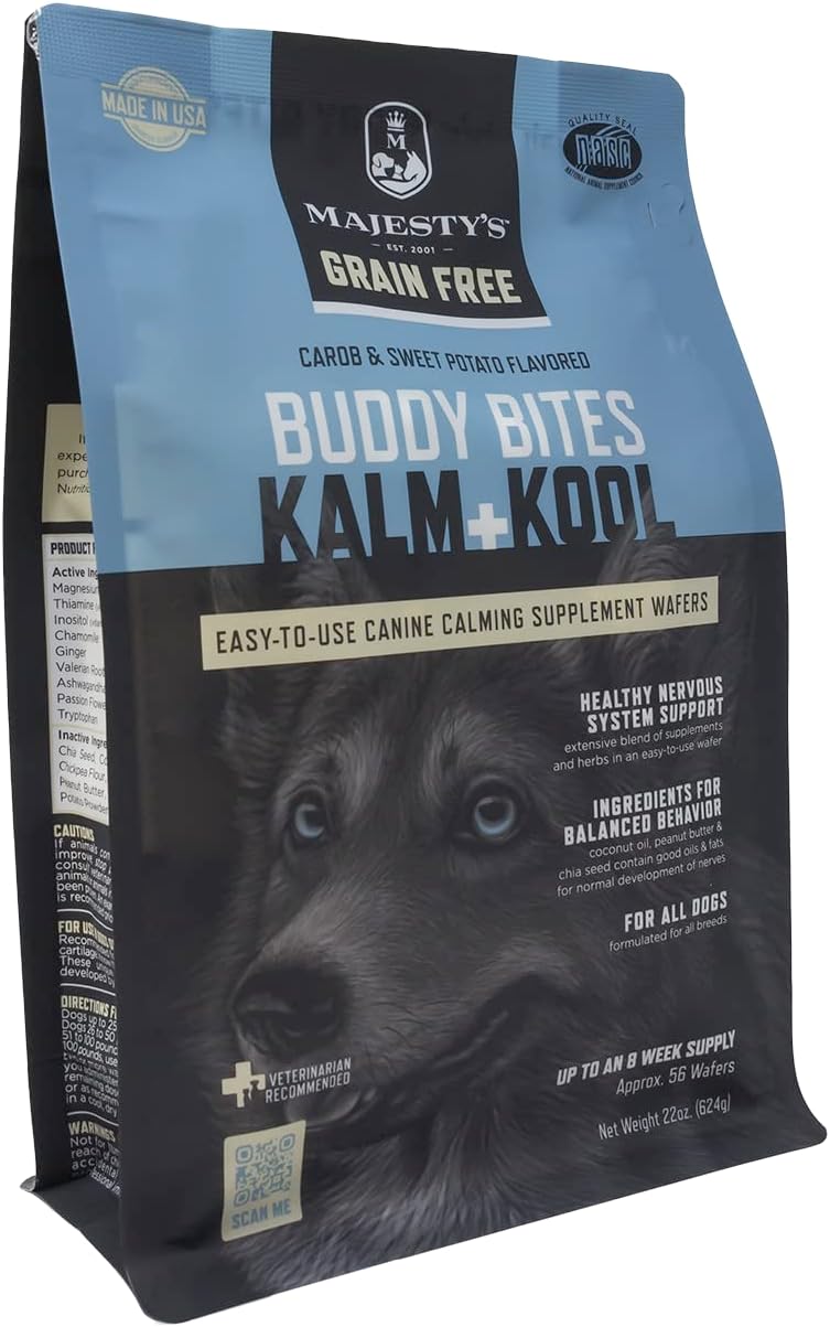 Grain-Free Buddy Bites Kalm and Kool Wafers for All Dogs - Superior Nervous System Support Supplement - Carob and Sweet Potato Flavored - 56 Count (Up to 8 Week Supply)