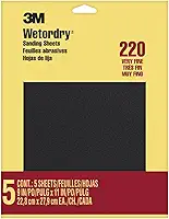 3M Lixa Wetordry, 5 folhas, 23 x 28 cm, grão 220, muito fina, use para lixamento úmido e seco, para lixar entre camadas de verniz, laca, tinta e outros acabamentos, papel impermeável (9087DC-NA)