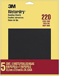 3M Lixa Wetordry, 5 folhas, 23 x 28 cm, grão 220, muito fina, use para lixamento úmido e seco, para lixar entre camadas de verniz, laca, tinta e outros acabamentos, papel impermeável (9087DC-NA)