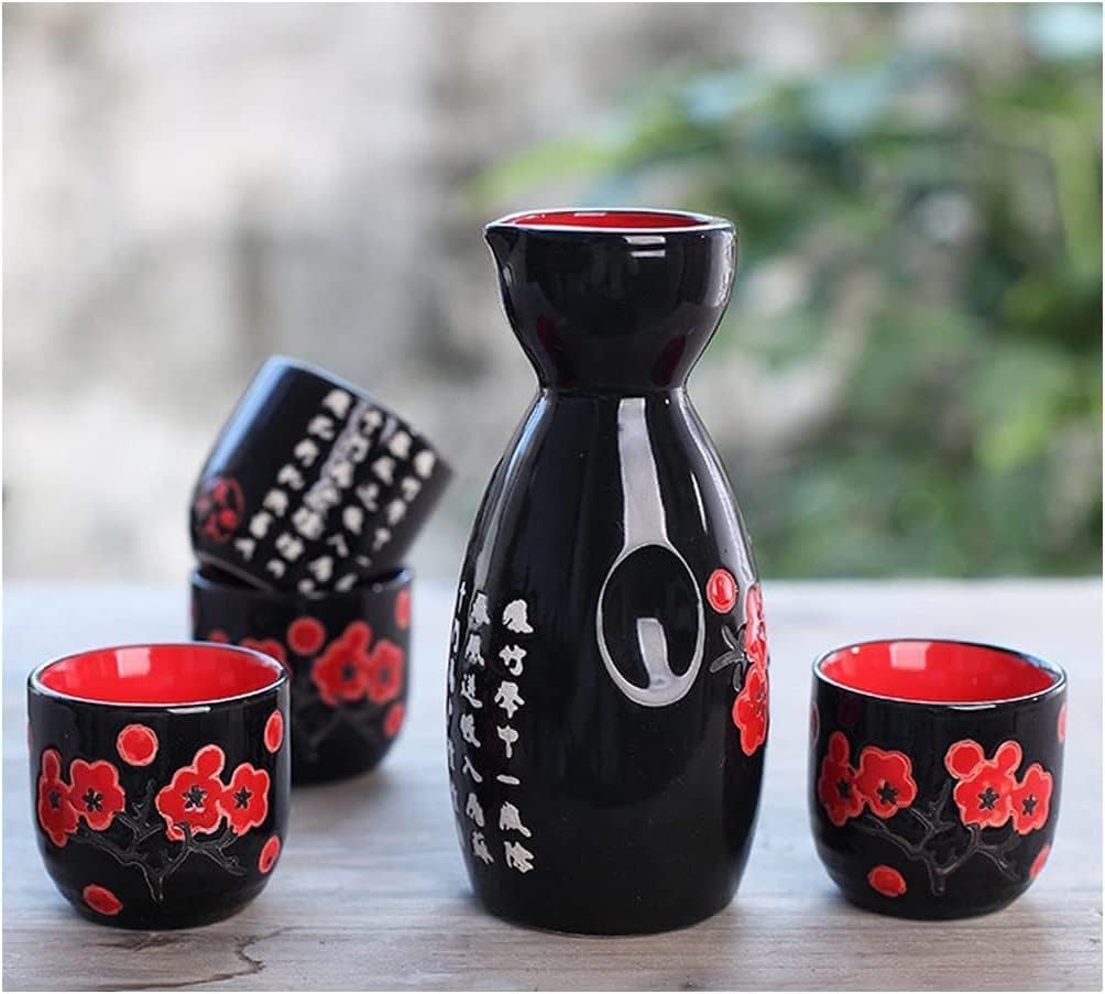 Melbify Japanese Sake Cherry Blossom Design Set | 1 Pc Sake Bottle(180 ml) & 4 Pc Sake Cup(45 ml) | Traditional Craftsmen's Hand Painted Design | Tokkuri Carafe & Cups | Ceramic Serving Gift Set