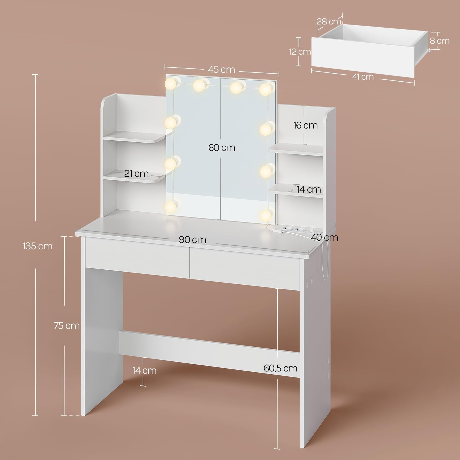 WOLTU Tocador de Maquillaje con Espejo, Luz LED, Regleta de Enchufes, 2 Cajones y 4 Estantes, Ancho 90 cm, Mesa de Tocador Moderno para Dormitorio, Blanco, MB6123ws