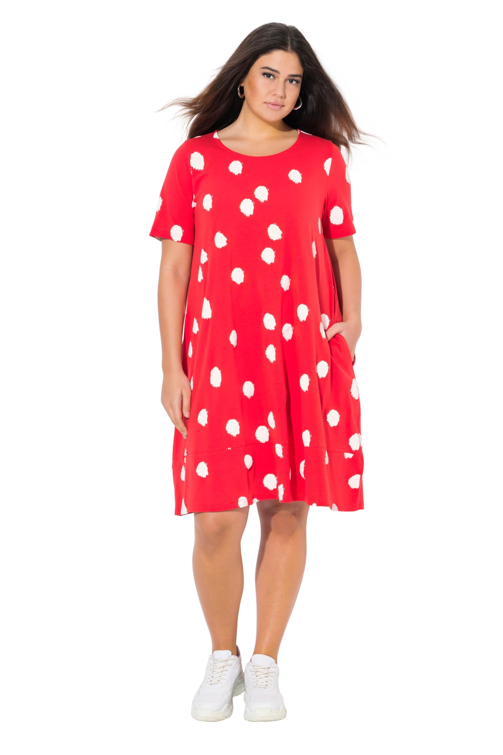 Ulla Popken Women's Polka Dot A-Line Pockets Round Neck Half Sleeve Jersey Midi Dress with Small Flounce Hem Polka Dot Print
