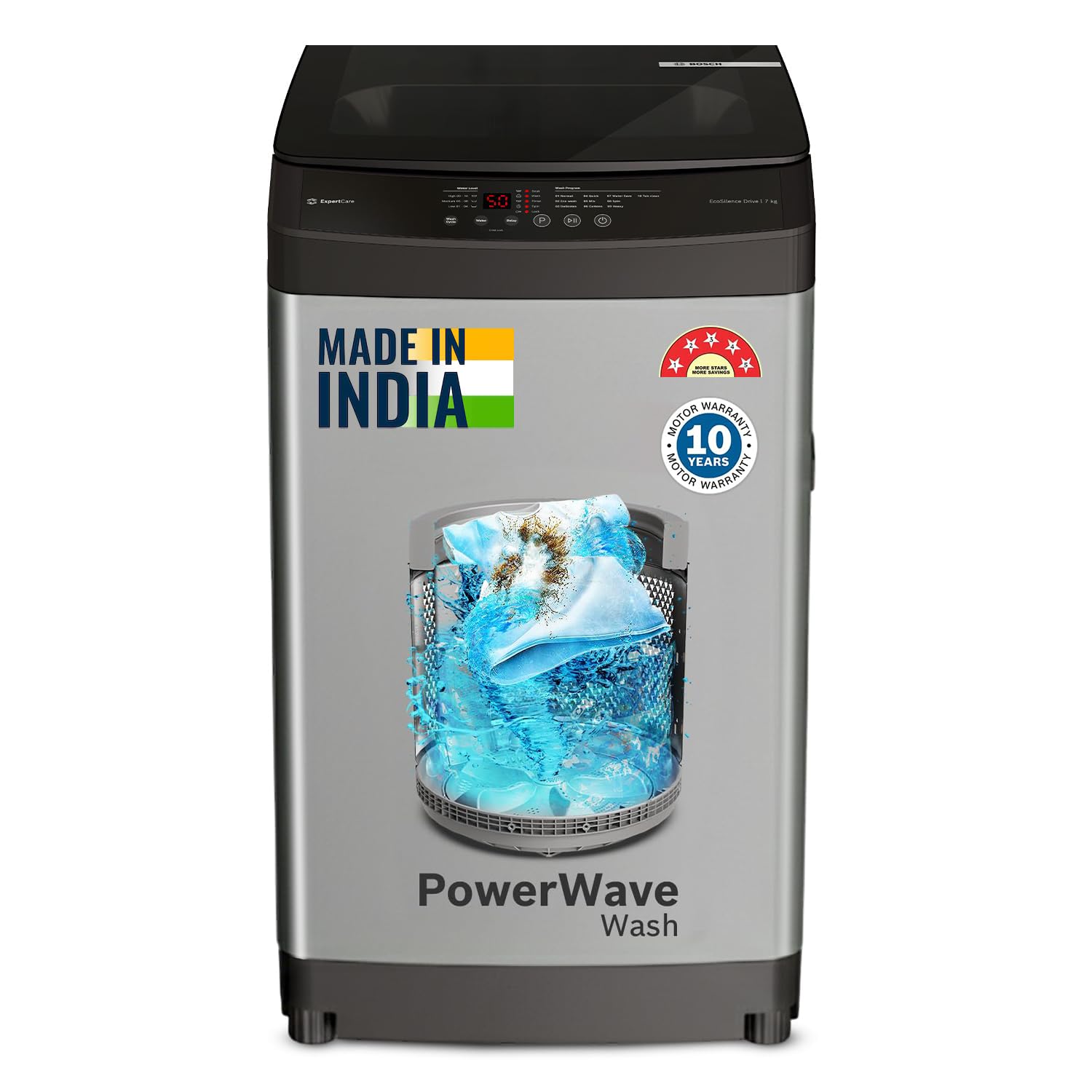 Bosch 8KG 5 Star Fully Automatic Power Wave Wash, Top Loading Washing Machine (Delay Option,10 Water Level Selector, Flex-Drain Outlet, 5 Fin Pulsator) WOE80AH0IN, Medium Grey-image-2