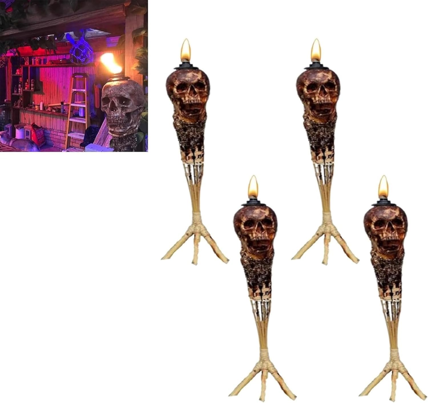 Horror Skull Handmade Skull Tiki Torch, Halloween Skull Tiki Torch, Weather Resistant-Impeccably Designed for Home Garden and Patio Decorative Torches (2pc)