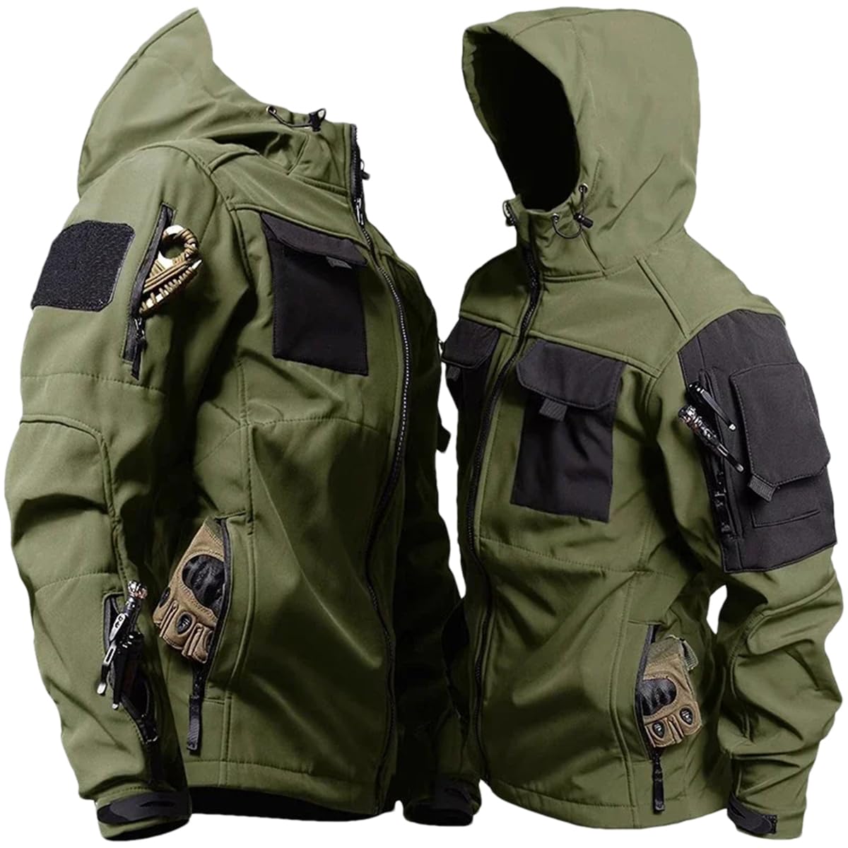 Adhdyuud Wasserdichte Herren-Outdoor-Anzüge, taktische Kapuzenjacke, Fleece, warme Hose, mehrere Taschen, Thermo-Sets