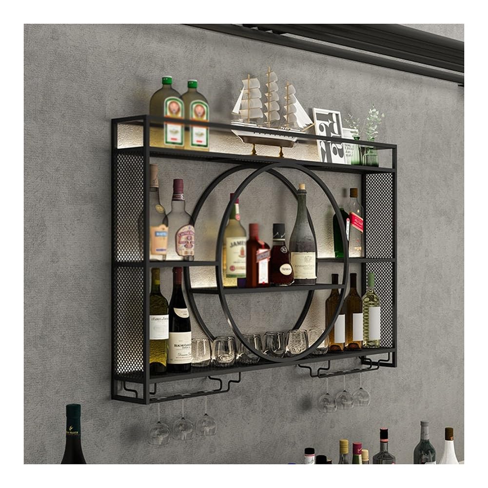 Meuble de bar mural industriel en métal noir avec étagères et porte-verres 120cm