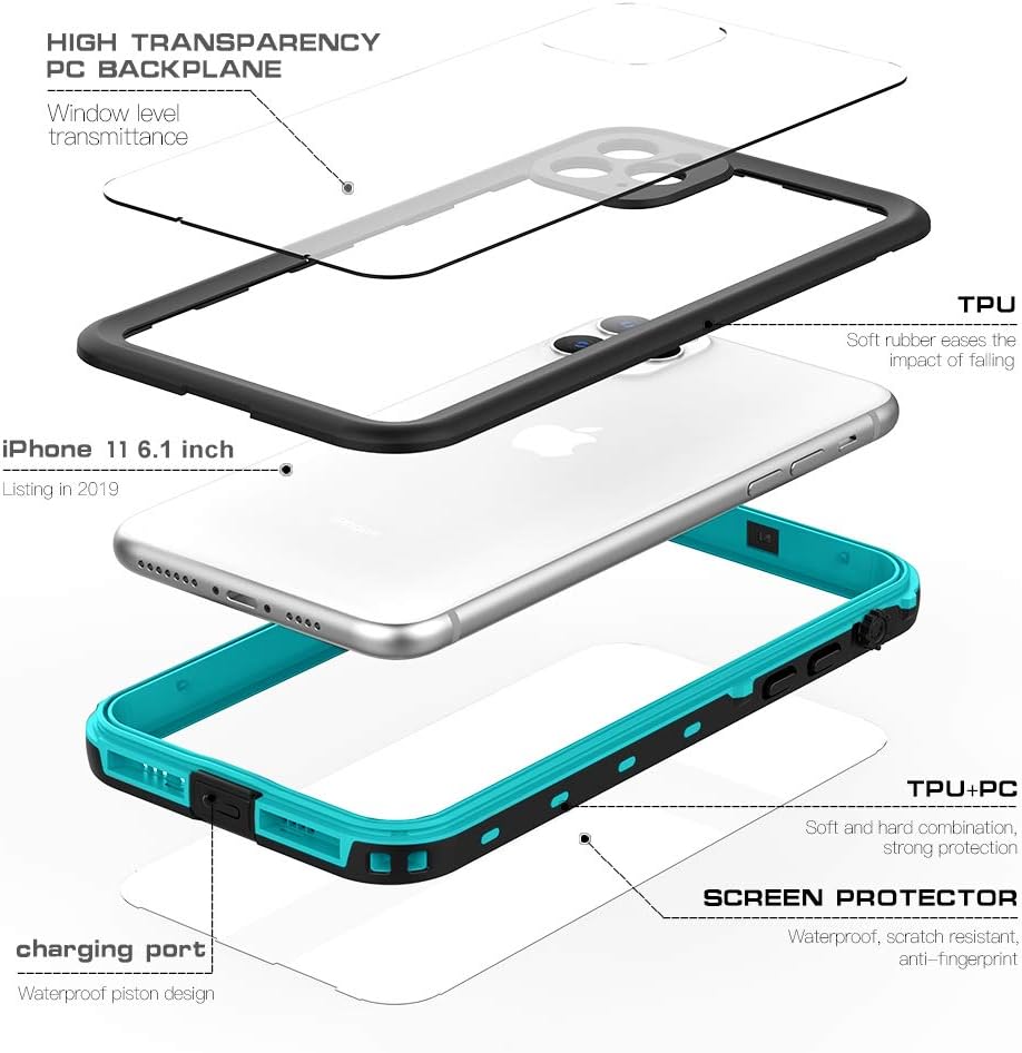 iPhone 11 Waterproof Case, Janazan 360 Full Body Clear Protective Case with Built-in Screen Protector, Waterproof Shockproof Snowproof Dirtproof for iPhone 11 6.1 inch 2019 (Blue/Clear)
