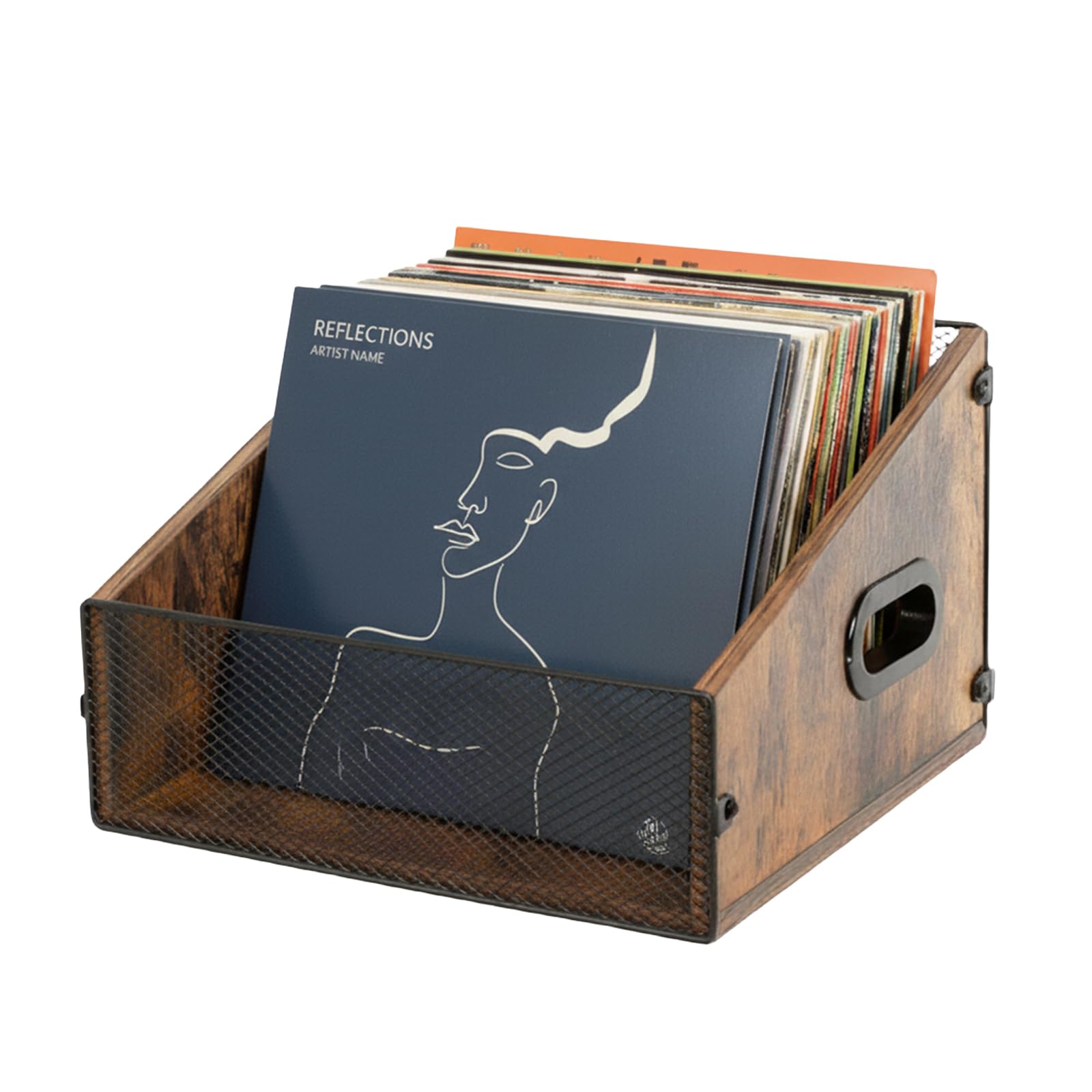 Kryntex Vinyl Record Storage Crate Trapezoid LP Holder with Handles, Wood & Metal Rustic Desktop Album Organiser Box for 12” Records, A4 File Storage & Books, Vintage Brown