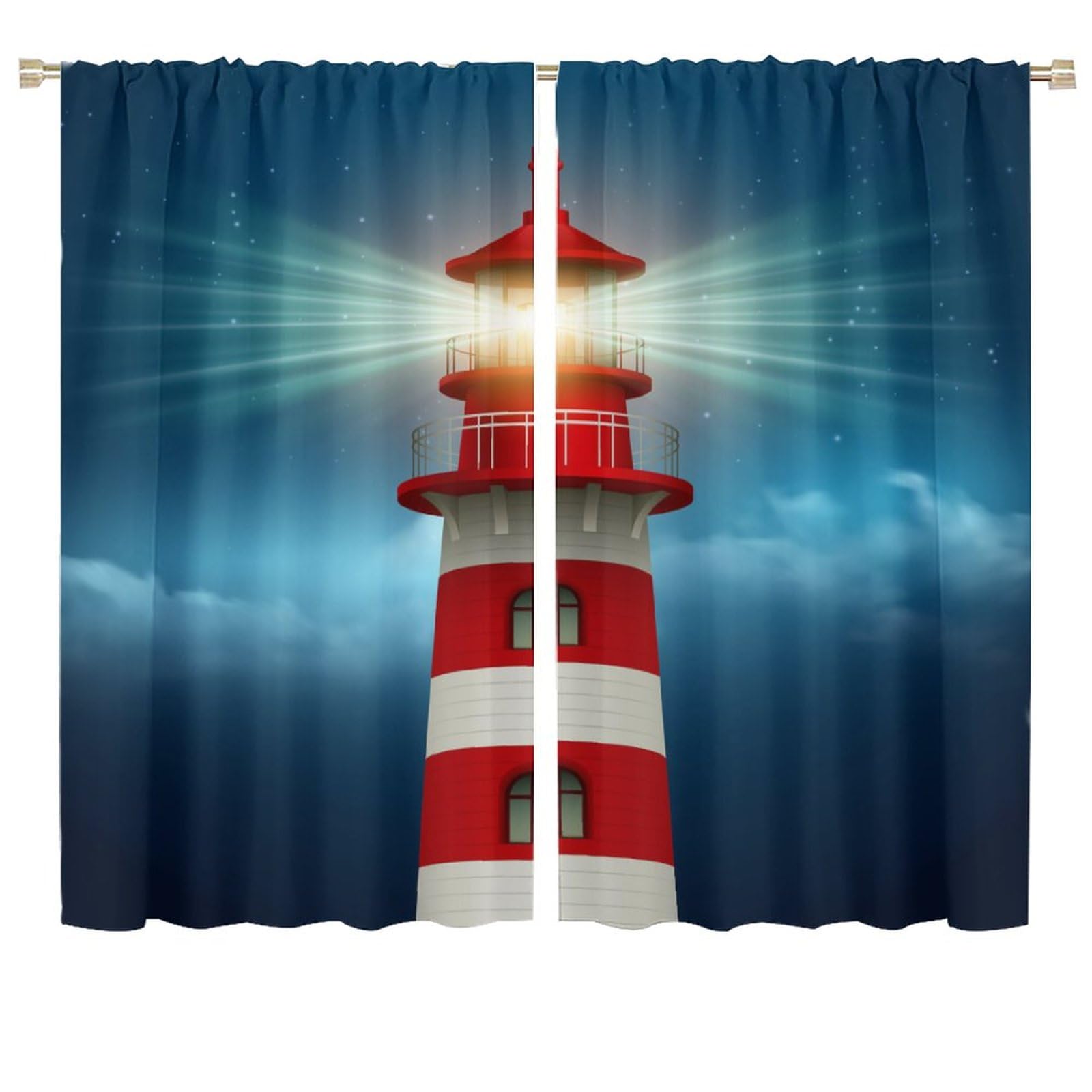 Lighthouse Curtain Red and White Bright Lighthouse Blackout Print Rod Pocket Window Drapes for Bedroom Living Room 72x63in