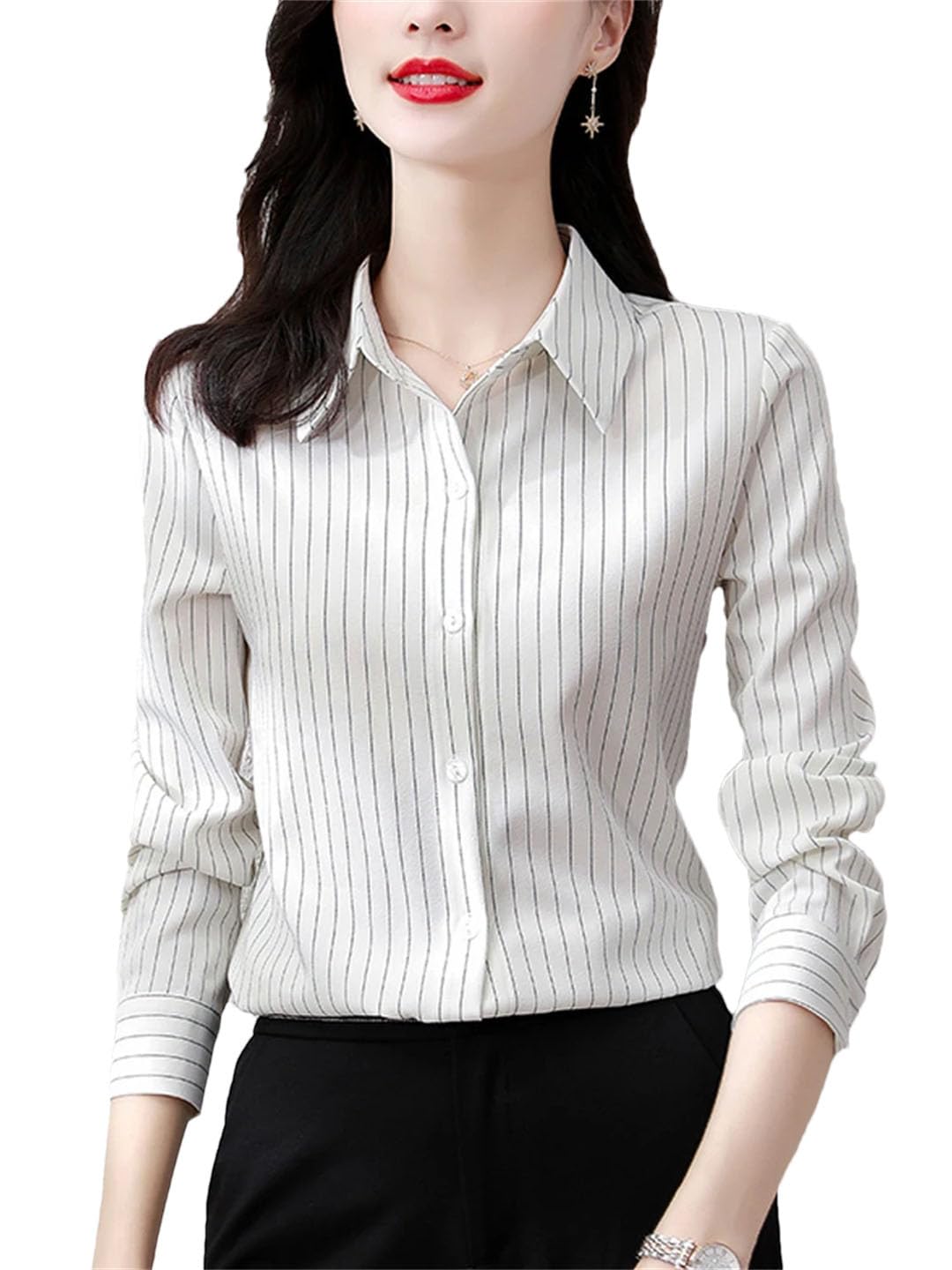 Camisas coreanas de manga larga a rayas para mujer, elegantes camisas formales de oficina