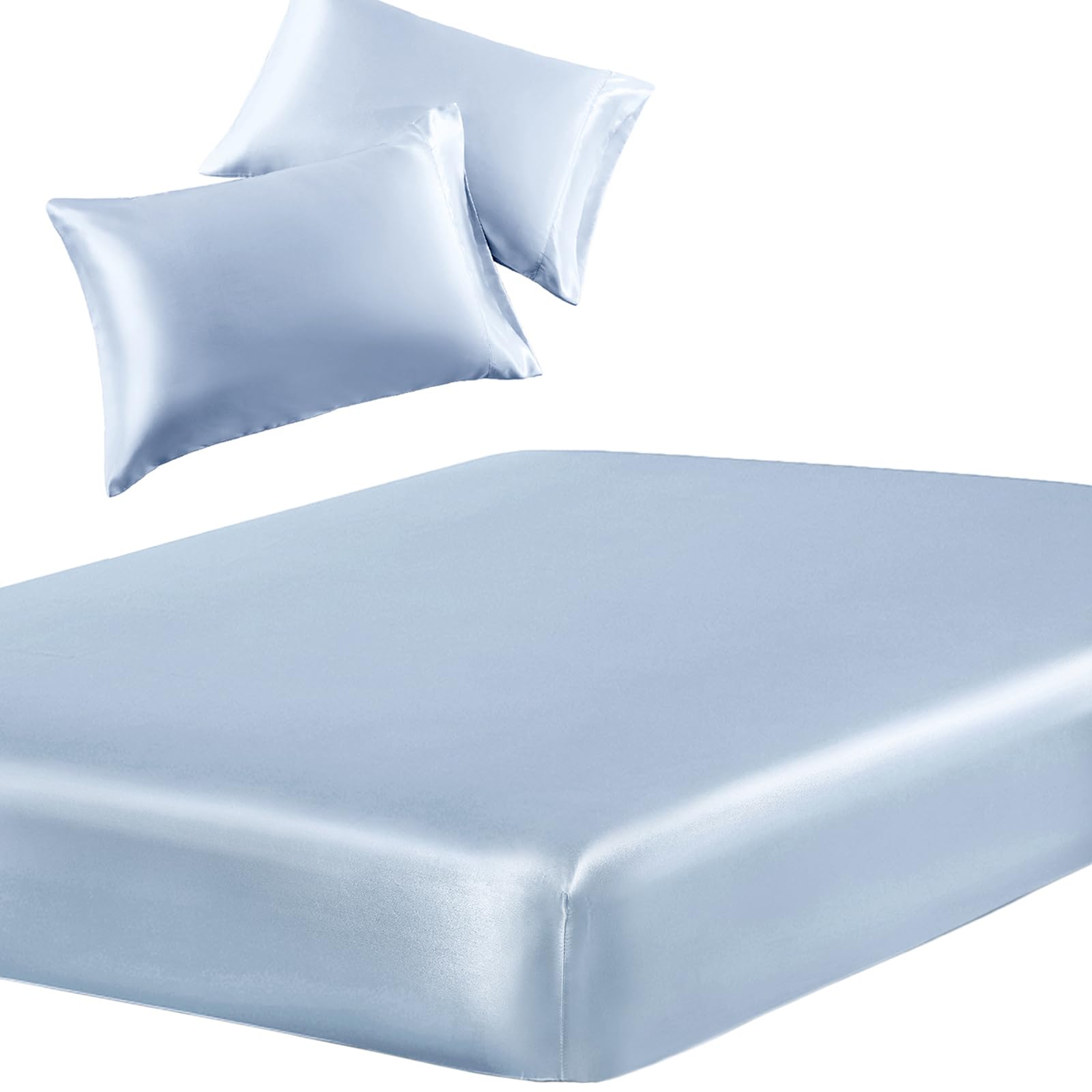 SiinvdaBZX 3-Piece Set Satin Twin XL Fitted Sheet & 2 Pillowcase, Baby Blue Silky Soft Fitted Bottom Sheet Twin Extra Long Bed Sheets, Wrinkle Free,