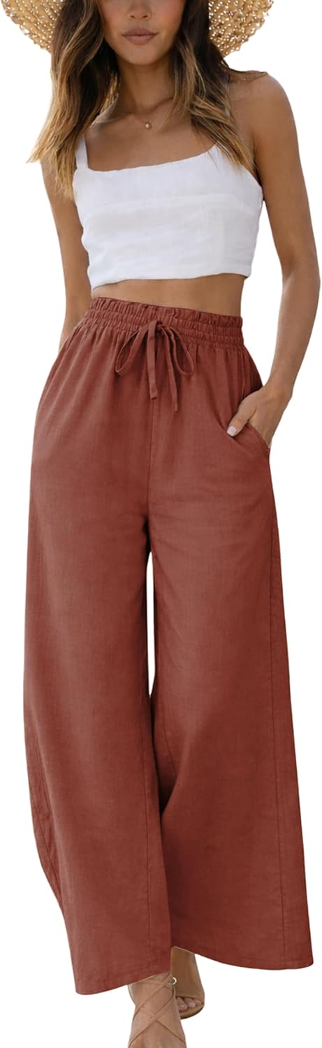 Yeokou Women Linen Cotton Wide Leg Pants Drawstring Elastic High Waist Casual Palazzo Trousers with Deep Pockets