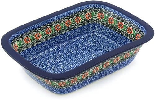 Auténtico panadero rectangular de cerámica polaca en diseño de zinnia roja hecho a mano en Bolesławiec Polonia por Ceramika Artystyczna +