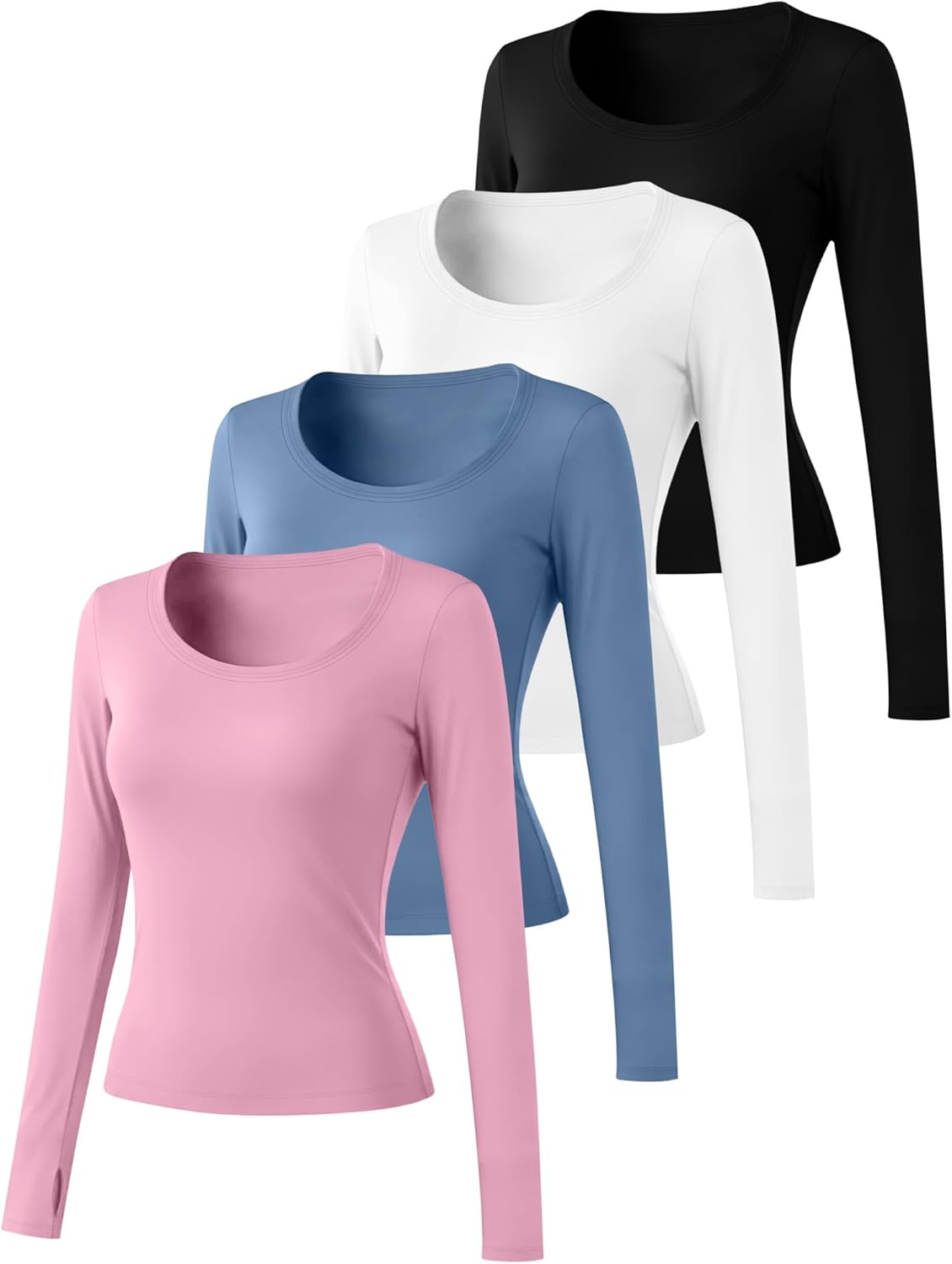4 Pack Women's Workout Tops Long Sleeve Compression Shirts U Neck Slim Athletic Yoga Basic Shirt with Thumb Holes - Image 3