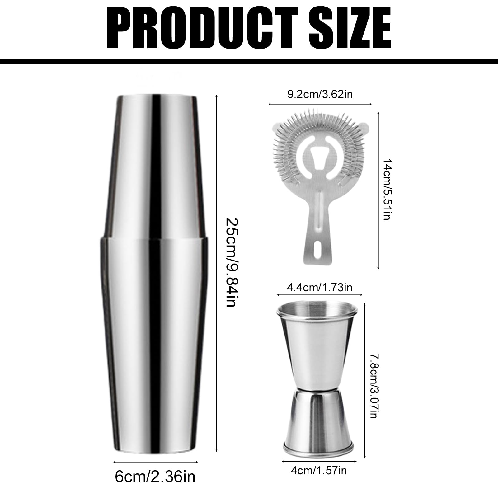 Boston - Set shaker da cocktail da 600 ml e 450 ml, in acciaio inox, con colino e misurino, in metallo, accessori da bar di alta qualità, shaker professionale Boston per Bartending