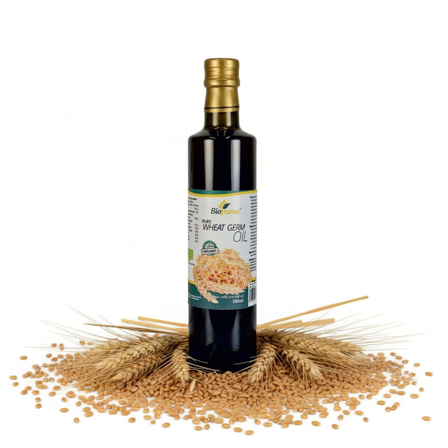 Biopurus Certified Organic Cold Pressed Wheat Germ Oil 500ml | Natural Vitamin E Source for Skin, Hair & Nutrition | Unrefined, Non-GMO, Vegan, Antioxidant-Rich Supplement