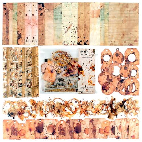 Vintage Scrapbook Kit, 90 Sheets Coffee Stain Manuscripts Materials, Scrapbooking Stickers and Decorative Papers Collage, Ephemera for Junk Journal Supplies, Journaling, Crafts Arts, Scrap Booking