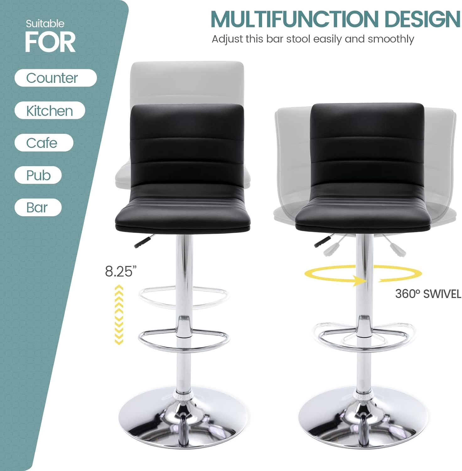 Vogue Furniture Direct PU Leather Bar Stools, Modern Square Adjustable Swivel Barstools with Back, Armless Airlift Counter Height Bar Chairs for Kitchen Dining Set of 2 (Black)