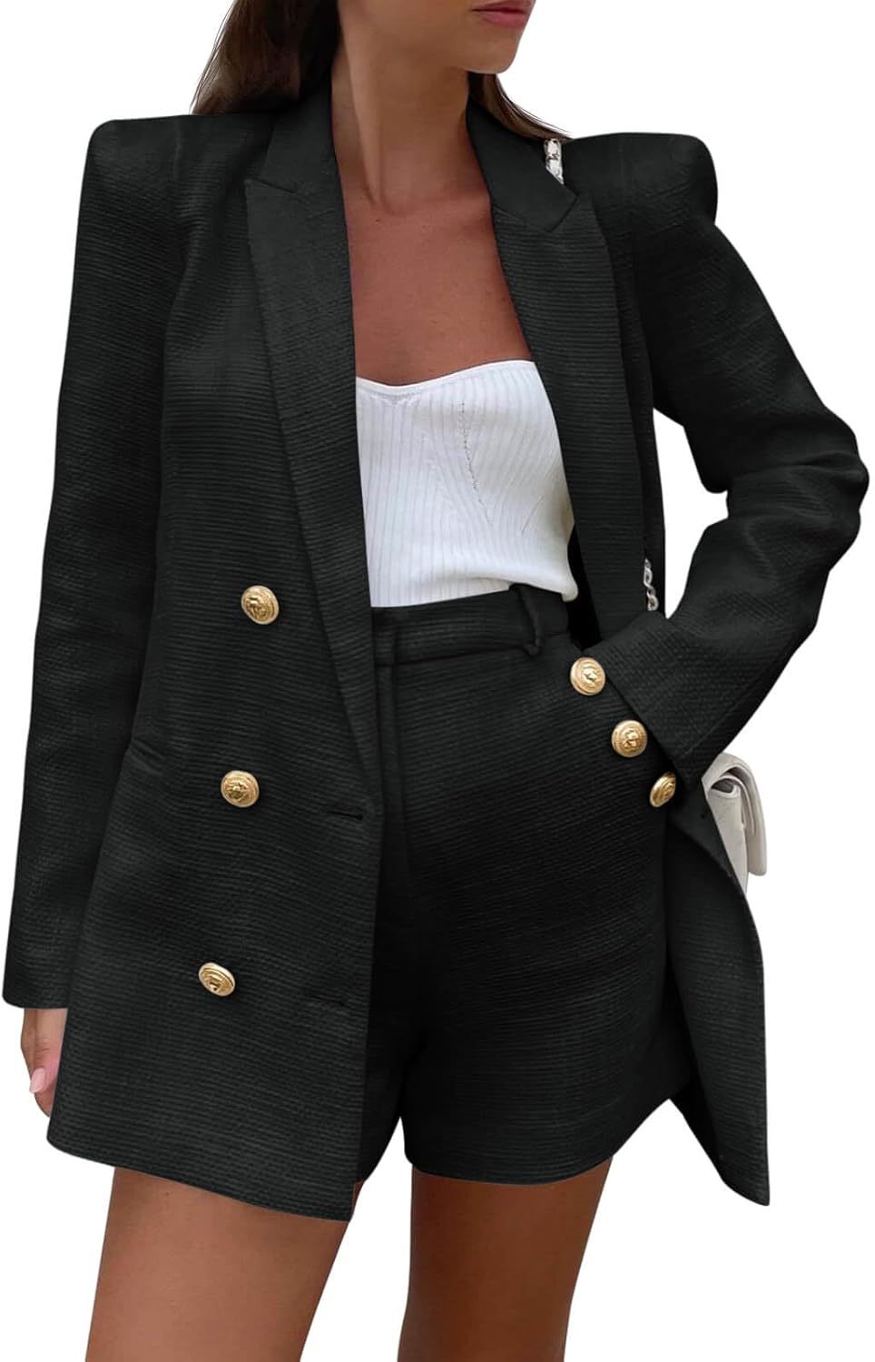 Cicy Bell Womens 2 Piece Tweed Blazer Shorts Sets Long Sleeve Double Breasted Suit Jackets Business Outfit Black, X-Large