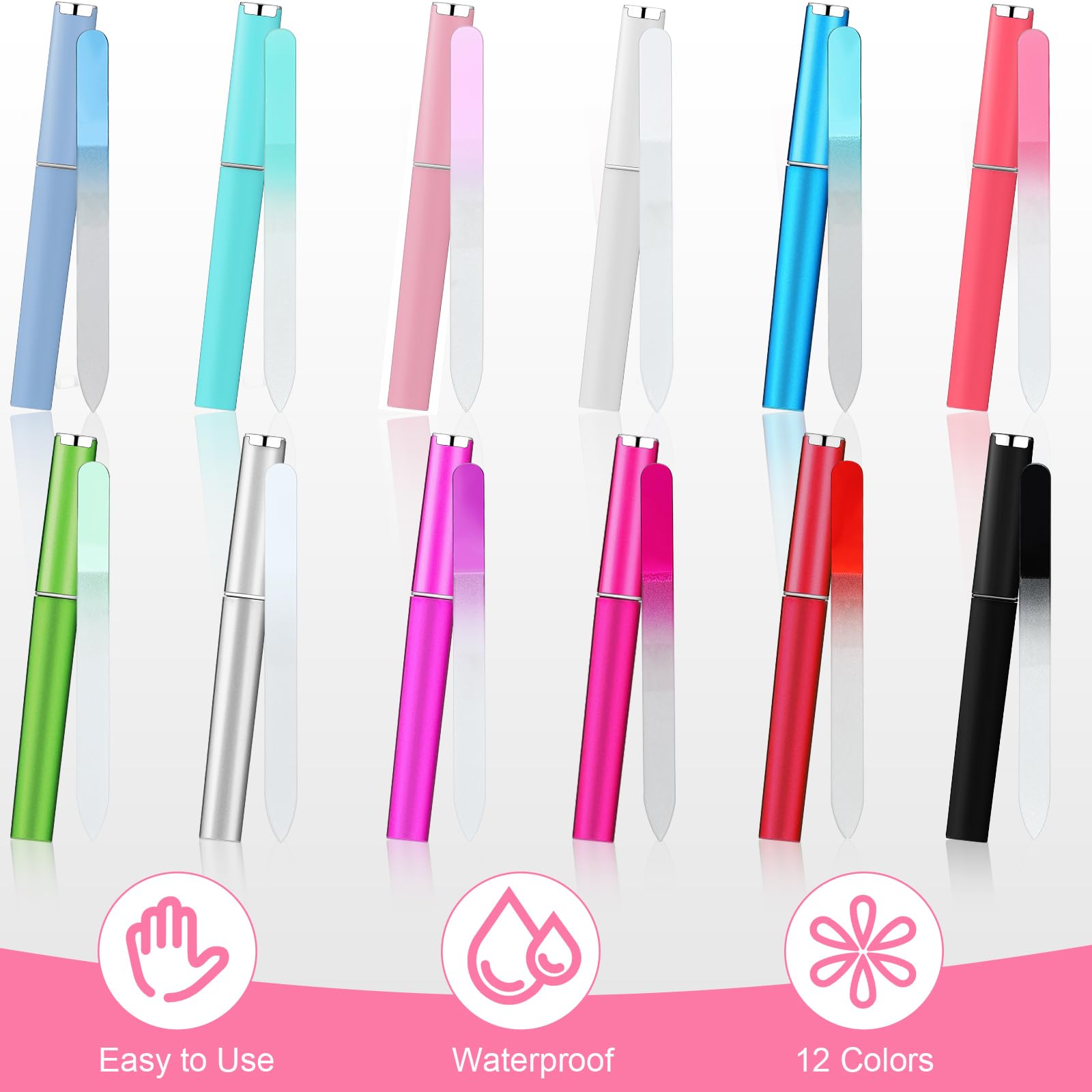 Lasnten 24 Stück Glas-Nagelfeilen mit Etui, Kristall-Nagelfeile für natürliche Nägel, Maniküre, doppelseitig, geätzte Fingernagelfeilen für Frauen und Mädchen, professionelles Nagelpflegewerkzeug, 12